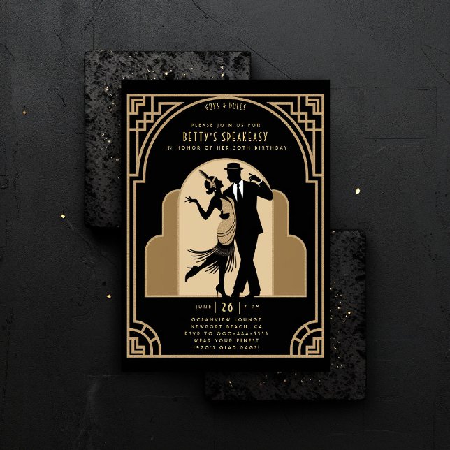 Gatsby Speakeasy Flapper Roaring 20s Deco Birthday Invitation (gatsby party invitation speakeasy roaring 1920s twenties nouveau deco flapper dance gold elegant)
