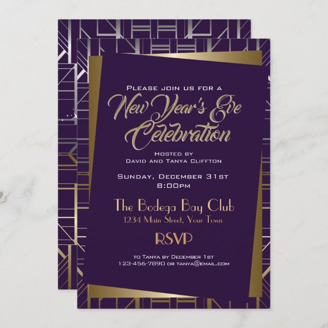 Gatsby Style NYE  Gold and Midnight Blue Invitation (Front/Back)