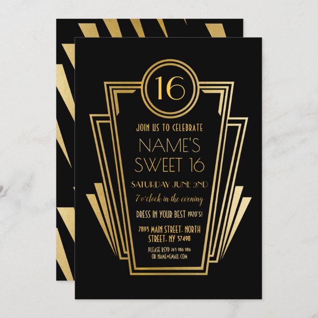 Gatsby Sweet 16 Birthday Party Art Deco 1920s Gold Invitation (Front/Back)