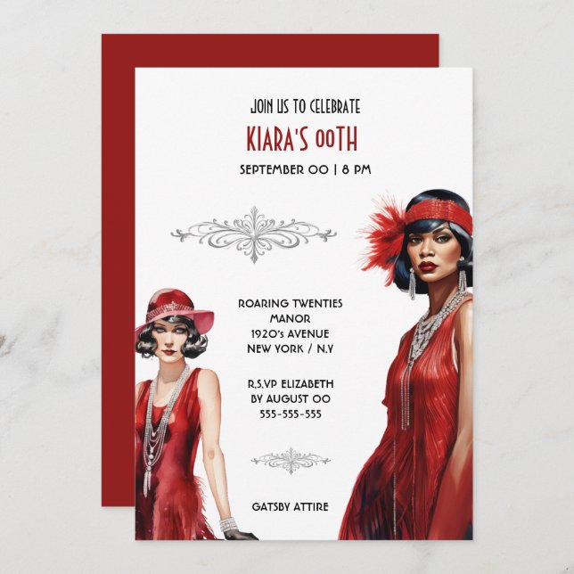 Gatsby theme red black flapper girls melanin white invitation (Front/Back)