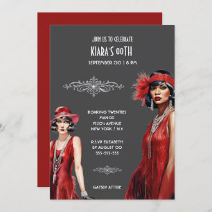 Gatsby theme red grey flapper girls melanin white invitation