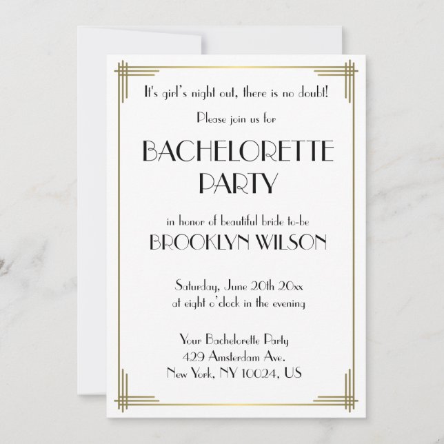 Gatsby White Art Deco Bachelorette Party Invite (Front)