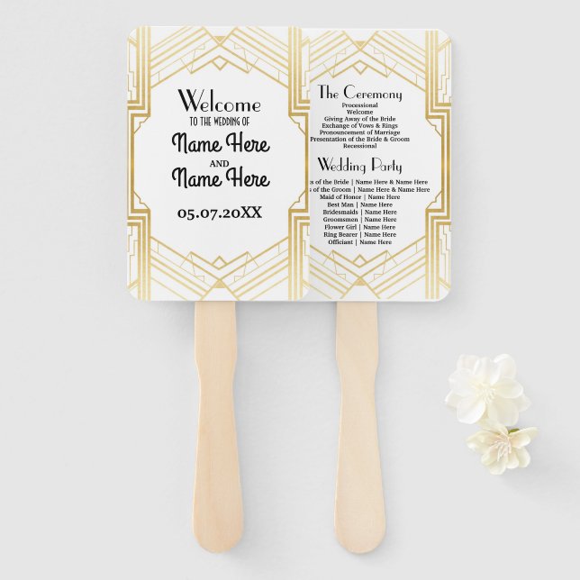 Gatsby White Art Deco Wedding Programme Hand Fan (Front and Back)