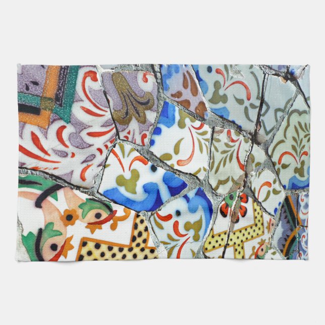 Gaudi's Park Guell Mosaic Tiles Tea Towel (Horizontal)