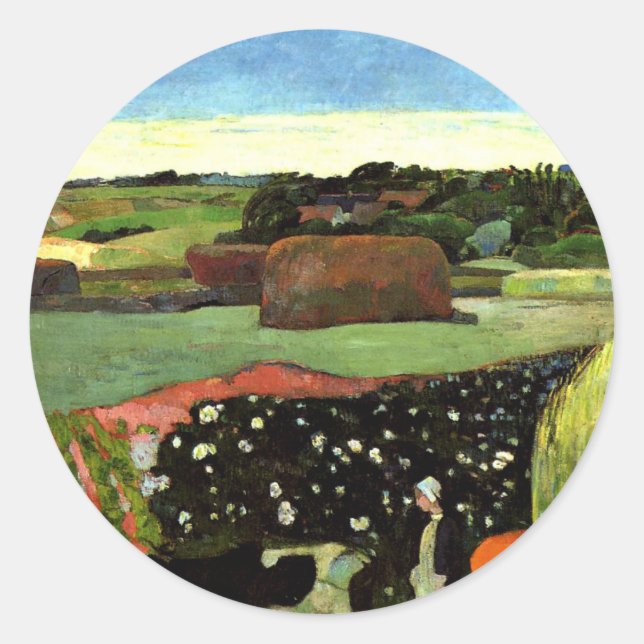 Gauguin - Haystacks in Brittany, famous painting, Classic Round Sticker (Front)