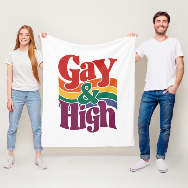 Gay And High Retro LGBTQ Pride Flag Fleece Blanket (In Situ)