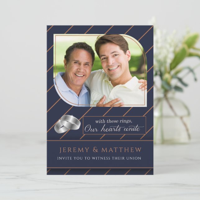 Gay and Lesbian Blue Pinstripe Photo Wedding Invitation (Standing Front)