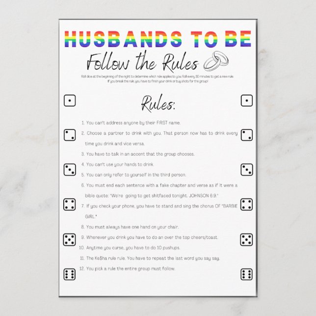 Gay Bachelor Party Game, Follow the Rules Invitation (Front)