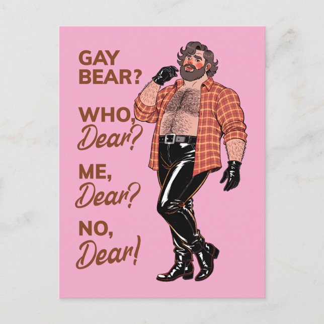 "Gay Bear? No, Dear!" – Sassy Leather Bear Postcard (Front)