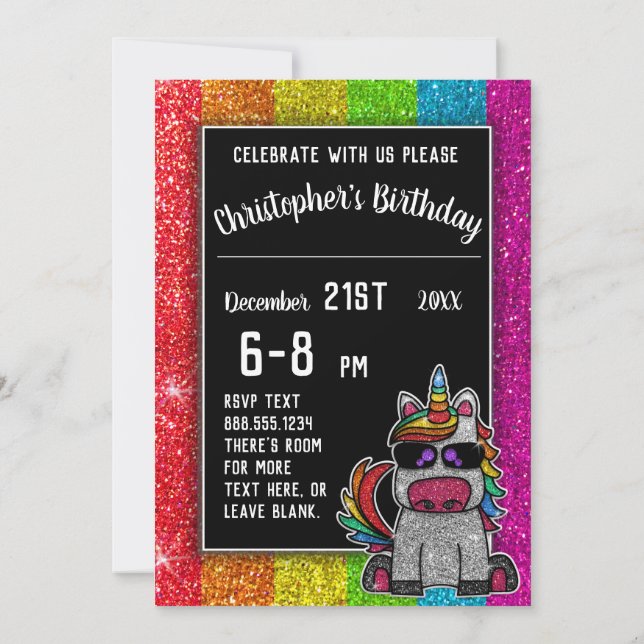 Gay Birthday Party Rainbow Glitter Unicorn LGBT+   Invitation (Back)