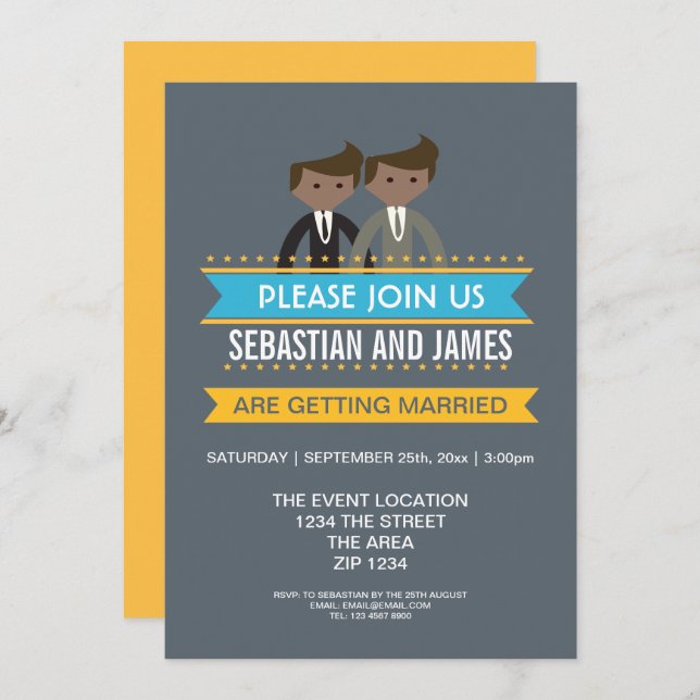 Gay Cartoon Grooms Wedding Themed Invitation (Front/Back)