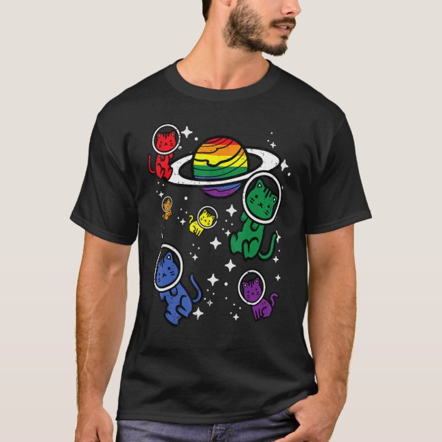 Gay Cats In Space Rainbow Pride Month Lgbtq Ally W T-Shirt (Front)