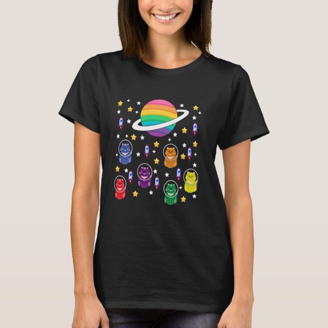 Gay Cats In Space Rainbow Pride T-Shirt (Front)