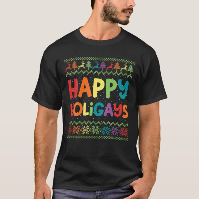 Gay Christmas Funny LGBT Happy Holigays Rainbow Pa T-Shirt (Front)