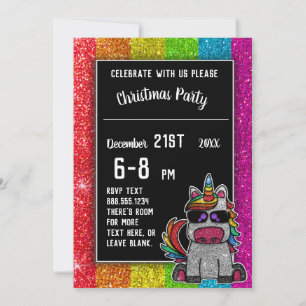 Gay Christmas Party Rainbow Glitter Unicorn LGBT+ Invitation