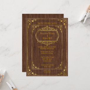 Gay Couple Brown Barnwood and Gold Frames Wedding Invitation