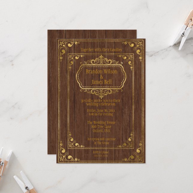 Gay Couple Brown Barnwood and Gold Frames Wedding  Invitation (Front/Back In Situ)