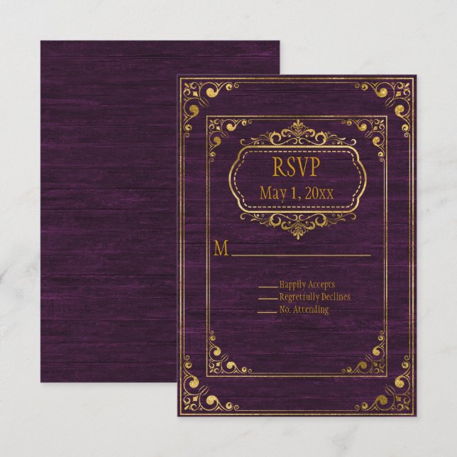 Gay Couple Brown Barnwood and Gold Frames Wedding  RSVP Card (Front/Back)