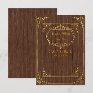 Gay Couple Brown Barnwood and Gold Frames Wedding Save The Date