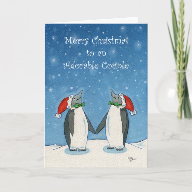 Gay Couple Christmas Cute Penguins Snowflakes Card (Front)