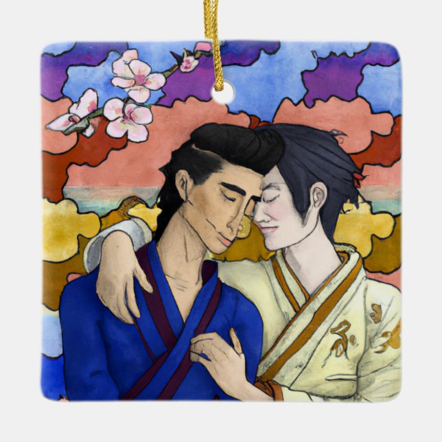 Gay Couple In The Style Of Ukiyo-e Japanese Art Ceramic Ornament (Front)