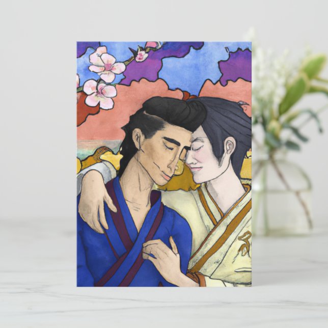 Gay Couple In The Style Of Ukiyo-e Japanese Art Holiday Card (Standing Front)