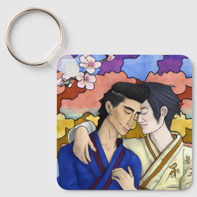 Gay Couple In The Style Of Ukiyo-e Japanese Art Key Ring (Front)