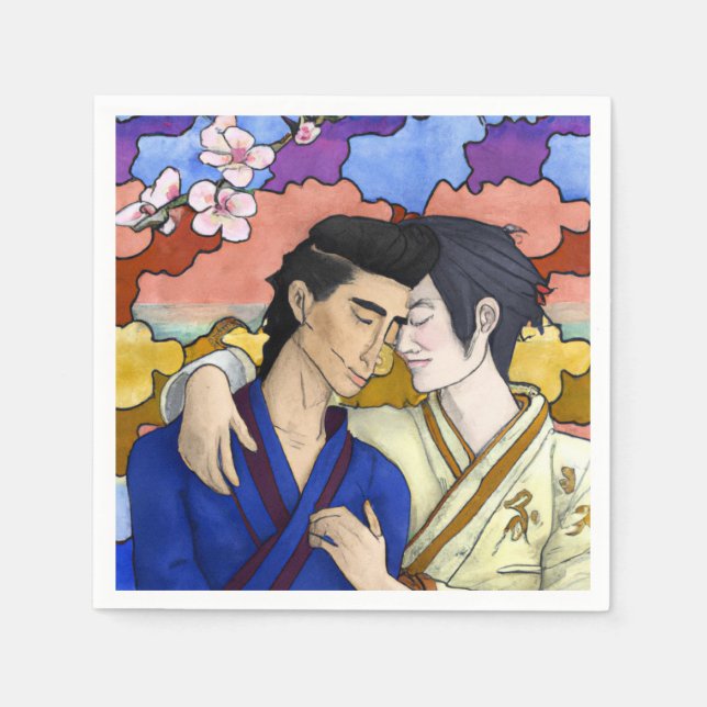 Gay Couple In The Style Of Ukiyo-e Japanese Art Napkin (Front)