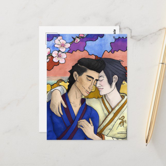 Gay Couple In The Style Of Ukiyo-e Japanese Art Postcard (Front/Back In Situ)