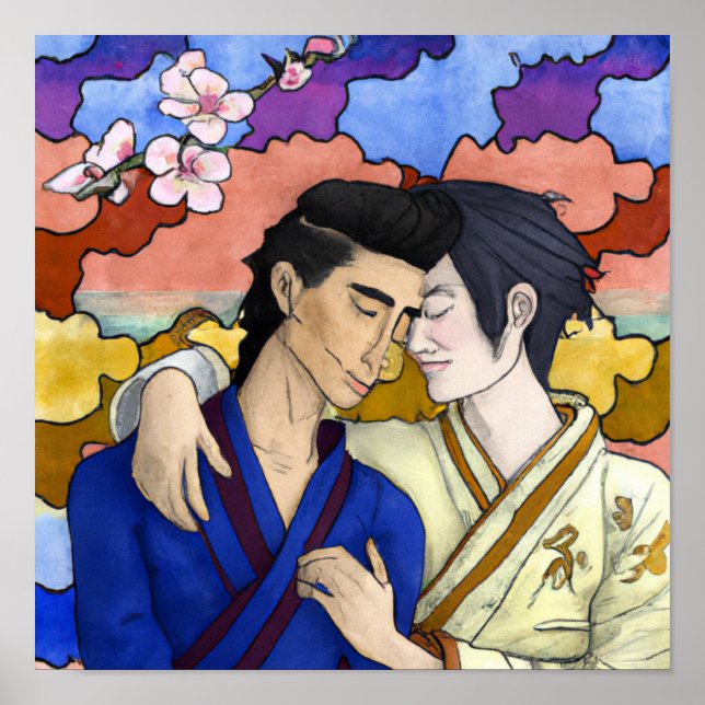 Gay Couple In The Style Of Ukiyo-e Japanese Art Poster (Front)