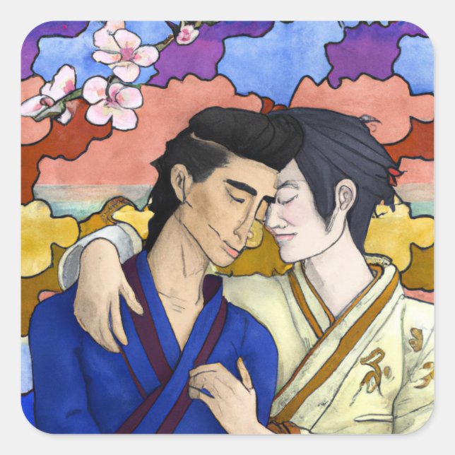 Gay Couple In The Style Of Ukiyo-e Japanese Art Square Sticker (Front)