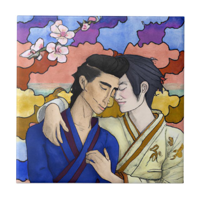 Gay Couple In The Style Of Ukiyo-e Japanese Art Tile (Front)