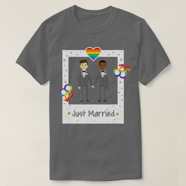 Gay Couple Just Married Rainbow LGB Wedding  T-Shirt (Design Front)