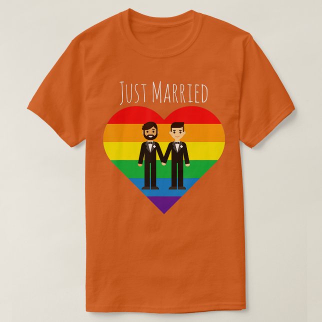 Gay Couple Just Married Rainbow LGBT Wedding Gift T-Shirt (Design Front)
