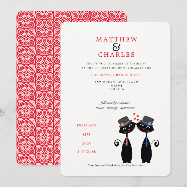 Gay Couple LGBTQ Wedding Cute Black Cats Invitation (Front/Back)