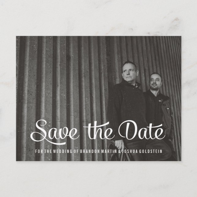 Gay Couple Retro Save the Date Photo Announcement Postcard (Front)