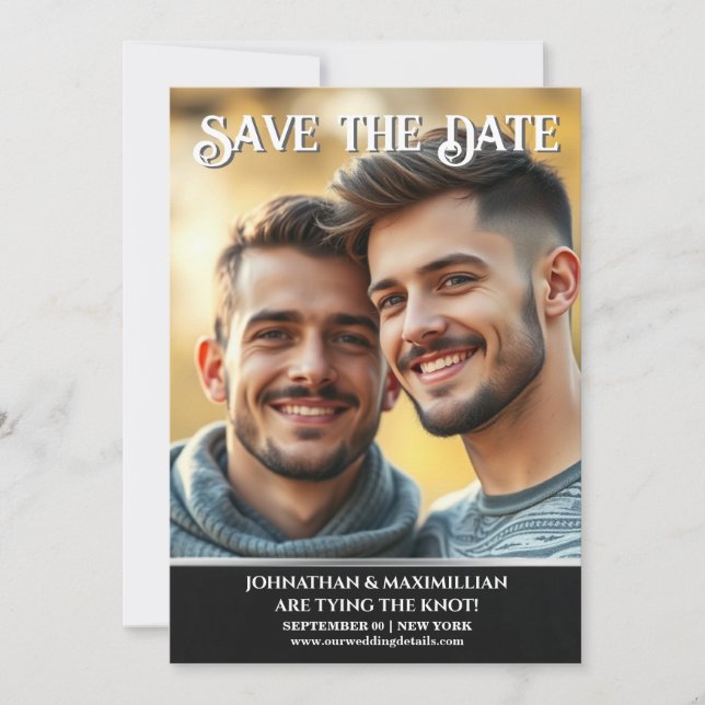 Gay couple wedding announcement save the date (Front)