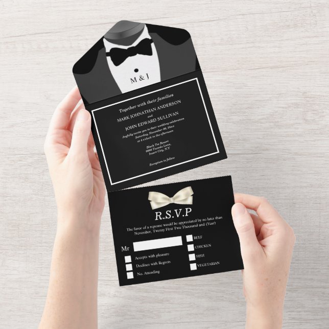 Gay couple wedding Mr and Mr black white bow tie All In One Invitation (Tearaway)