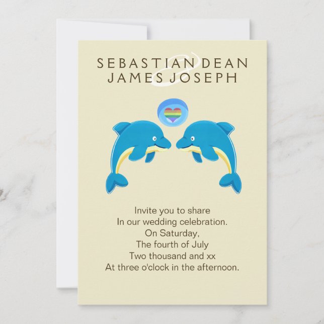 Gay Dolphins And Rainbow Love Heart Bubble Wedding Invitation (Front)