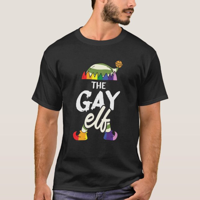 Gay Elf Lgbt Q Pride Rainbow Flag Cool Christmas T-Shirt (Front)