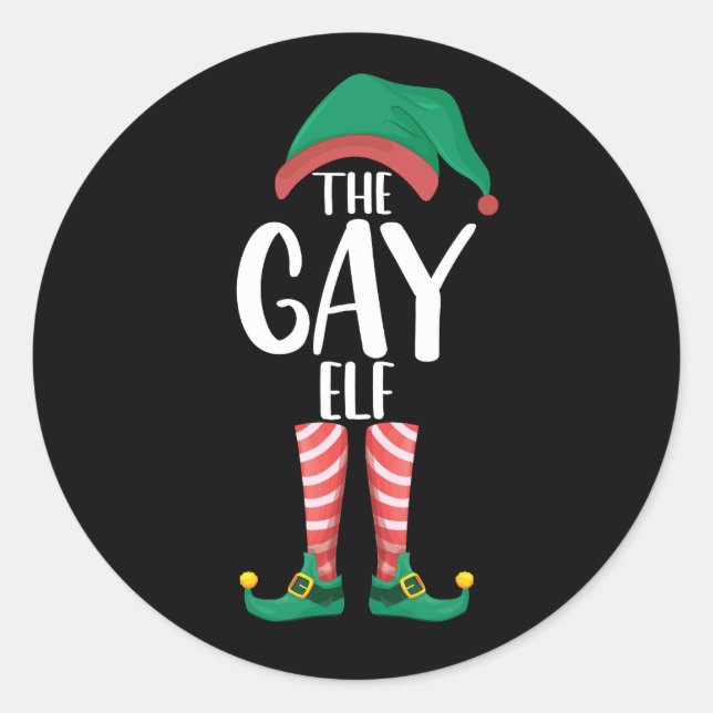 Gay Elf LGTBQ Matching Family Christmas Party Classic Round Sticker (Front)