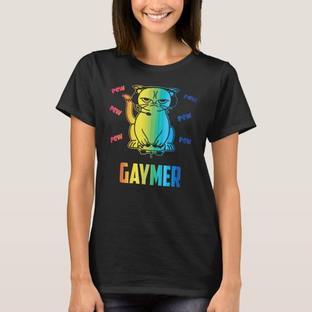 Gay Gaymer Cat LGBT Awareness Pride Month Rainbow  T-Shirt (Front)