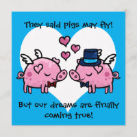 Gay groom pigs may fly wedding invitation