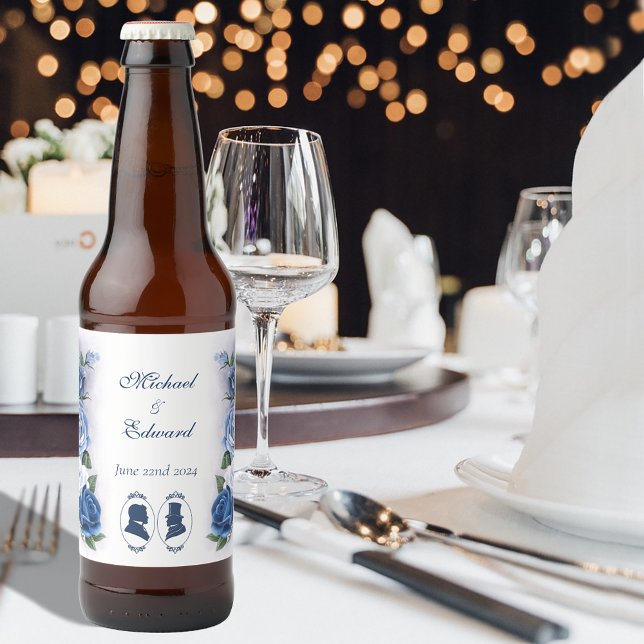 Gay Grooms Regency Blue Roses Beer Bottle Label (Creator Uploaded)