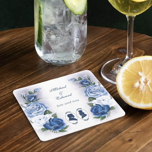 Gay Grooms Regency Blue Roses Square Paper Coaster (Creator Uploaded)