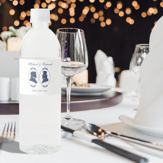 Gay Grooms Regency Blue Roses Water Bottle Label (Creator Uploaded)