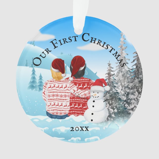 Gay lesbian couple ugly sweater PHOTO snowman Ornament (Front)