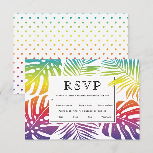Gay, lesbian wedding rainbow leaves polka dots RSVP card (Front/Back)