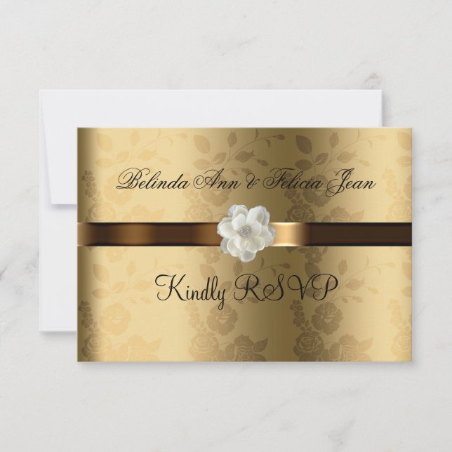Gay Lesbian Wedding RSVP Gold, Chocolate Brown Card (Front)