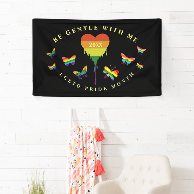 Gay LGBTQ Pride Month Rainbow Heart Butterflies Banner (Insitu)